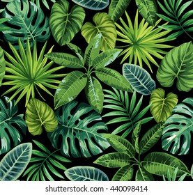 Tropical seamless pattern with exotic palm leaves. Vector illustration.