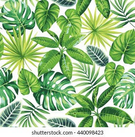 Tropical seamless pattern with exotic palm leaves. Vector illustration.