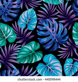 Tropical seamless pattern with exotic palm leaves. Vector illustration.