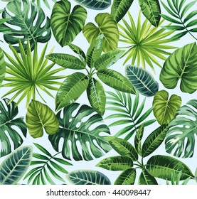 Tropical seamless pattern with exotic palm leaves. Vector illustration.