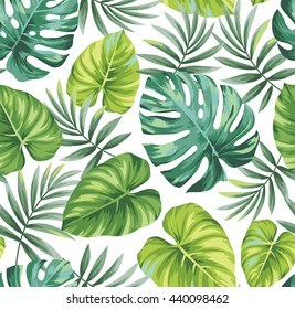 Tropical seamless pattern with exotic palm leaves. Vector illustration.