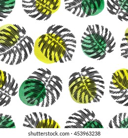 Tropical seamless pattern with exotic palm leaves.