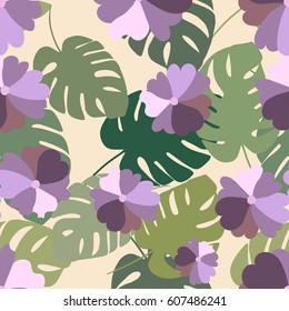 Tropical seamless pattern with exotic palm leaves and tropical flower. Hawaiian style.  Vector illustration.