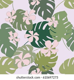 Tropical seamless pattern with exotic palm leaves and tropical flower. Hawaiian style.  Vector illustration.