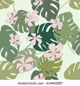 Tropical seamless pattern with exotic palm leaves and tropical flower. Hawaiian style.  Vector illustration.