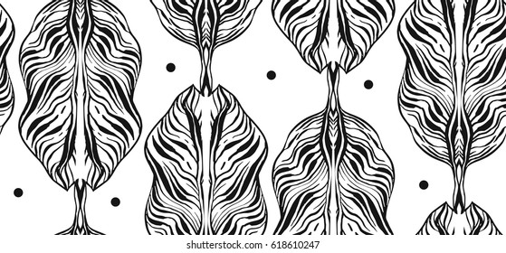 Tropical seamless pattern with exotic palm leaves and polka dots. Vector illustration.Hand drawn graphics decoration.
