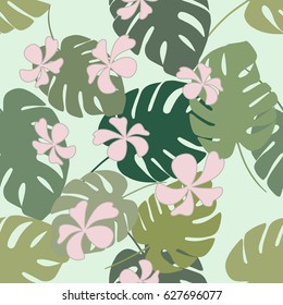 Tropical seamless pattern with exotic palm leaves and tropical flower. Hawaiian style.  Vector illustration.
