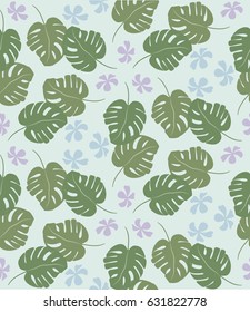 Tropical seamless pattern with exotic palm leaves and tropical flower. Tropical monstera. Hawaiian style.  Vector illustration.