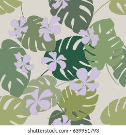 Tropical seamless pattern with exotic palm leaves and tropical flower. Hawaiian style.  Vector