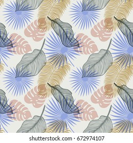 Tropical seamless pattern with exotic palm leaves. Monstera, palm, banana leaves. Exotic textile botanical design. Summer jungle design. Hawaiian style. Vector illustration.