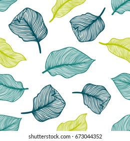 Tropical seamless pattern with exotic palm leaves. Monstera, palm, banana leaves. Exotic textile botanical design. Summer jungle design on white background. Hawaiian style. Vector illustration.