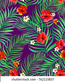 	
Tropical seamless pattern with exotic palm leaves and flowers. Vector illustration. - stock vector