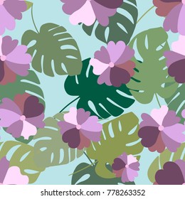 Tropical seamless pattern with exotic palm leaves and tropical flower. Hawaiian style.  Vector illustration.