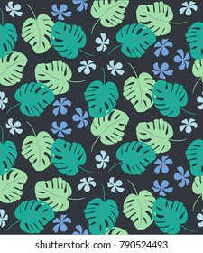 Tropical seamless pattern with exotic palm leaves and tropical flower. Hawaiian style.  Vector illustration.