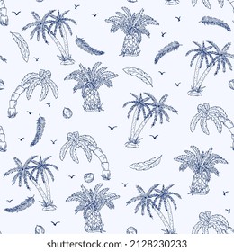 Tropical seamless pattern with exotic palms and leaves. Vector forest landscape