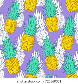 Tropical seamless pattern with exotic pineapples. Violet background. Vector backdrop. Modern cartoon style.
