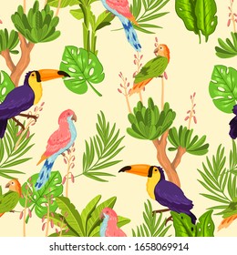 Tropical seamless pattern with exotic plants and birds. Jungle summer texture with parrot, toucan, monstera leaves in cartoon style. Paradise background for wrapping paper, linen, foliage, textile