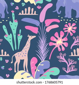 Tropical seamless pattern with exotic plants and animals. Vector background.