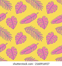 Tropical seamless pattern with exotic plants leaves. Palm, monstera, banana leaves illustration. Modern abstract design for paper, cover, fabric, interior decor and prints.