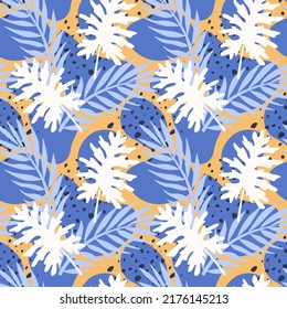 Tropical seamless pattern with exotic plants leaves and abstract shapes. Palm, Split Leaf Philodendron leaves illustration. Modern abstract design for paper, cover, fabric, interior decor and prints.