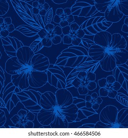 Tropical seamless pattern with exotic plants and hibiscus flowers.