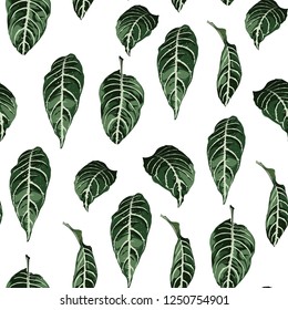 Tropical seamless pattern with exotic trees leaves on white background.