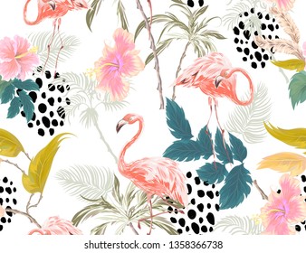 Tropical seamless pattern with exotic trees, pink flamingo, hibiscus and plants. Vector patch for wallpapers, fabric, surface textures, textile.