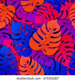 Tropical seamless pattern with exotic vivid leaves. Monstera, palm, banana leaves. Exotic textile botanical design. Summer jungle design. Hawaiian style. Vector illustration.