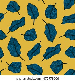 Tropical seamless pattern with exotic vivid leaves. Blue leaf on yellow background. Exotic textile botanical design. Summer jungle design. Hawaiian style. Vector illustration.