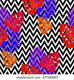 Tropical seamless pattern with exotic vivid leaves on black and white zigzag chevron background. Exotic textile botanical design. Summer jungle design. 90th style. Vector illustration.