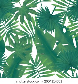 Tropical seamless pattern for fabric design. Summer tropical leaf. Exotic decorative repeating pattern. Palm leaves wallpaper for print. Jungle plants texture on white background. Vector EPS 10