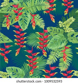 Tropical seamless pattern with false bird of paradise flower and leaf on blue background. Vector set of exotic tropical garden for wedding invitations, greeting card and fashion design.