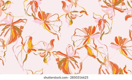 Tropical seamless pattern features orange, yellow, green, and pink Caladium leaves brushstrokes on a soft pink background