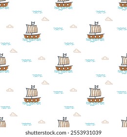 Tropical seamless pattern featuring hand-drawn cartoon sailboats on the wave. Flat vector illustration idea for prints, fabric, textiles, wallpaper, and wrapping paper.