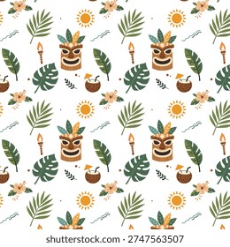 Tropical seamless pattern featuring tiki tribal mask, palm leaves, coconut drink, torch, sun, and island elements. Perfect for summer design, fabric, wallpaper, and tropical backgrounds.