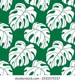 A tropical seamless pattern featuring various monstera leaves. Geometrical monochrome background. Botanical texture design for prints, wall art, wallpaper, textiles, and wrapping paper. Hand-drawn