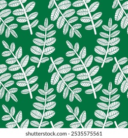 A tropical seamless pattern featuring zamioculcas leaves. Geometrical monochrome background. Botanical texture design for prints, wall art, wallpaper, textiles, and wrapping paper. Hand-drawn vector