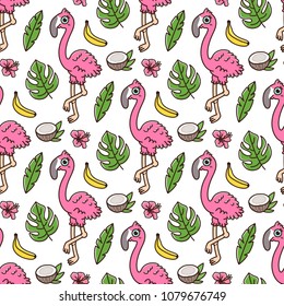 Tropical seamless pattern with flamingo, banana, coconut, palm leaves and hawaiian hibiscus flower. It can be used for packaging, wrapping paper, textile and etc. 