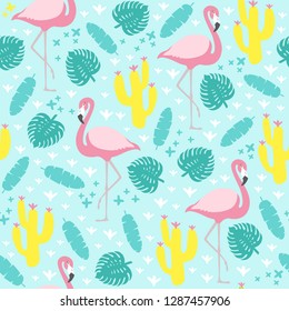 Tropical seamless pattern with flamingo and exotic leaves. Vector illustration