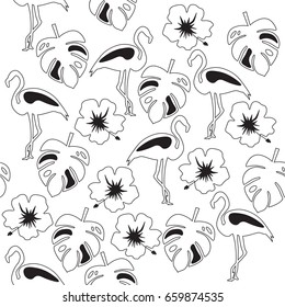 Tropical seamless pattern with flamingo, leaf and flowers. Black and white design