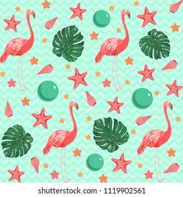 Tropical seamless pattern, flamingo, sea star, monstera leaf, shell, mint green chevron background. Summer vector illustration flat design, for fabric print, paper, surface, backdrop, clothing, etc.