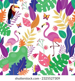 Tropical seamless pattern with flamingo, toucan and exotic plants leaves. Vector illustration