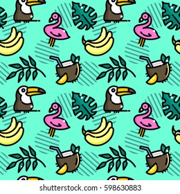 Tropical seamless pattern with flamingo and toucan, 90s style vector illustration