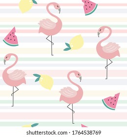 Patrón tropical sin fisuras con sandía flamingo y limón. Ilustración del vector