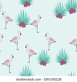 Tropical seamless pattern with flamingos. Beautiful flamingo. Romantic background with tropical birds.