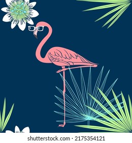 Tropical seamless pattern with flamingos. Bright vector illustration with cartoon elements. Perfect for design templates, wallpaper, wrapping, fabric and textile.