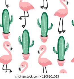 Tropical seamless pattern with flamingos and cactuses. Vector illustration.