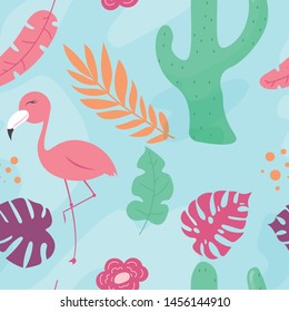 Tropical seamless pattern with  flamingos, cactuses and exotic leaves. Vector illustration print