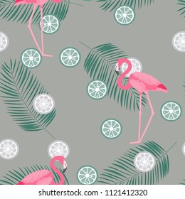 Tropical seamless pattern with flamingos, flower and citrus. Summer background with lemon, lime and flamingos. Birds of the tropics.