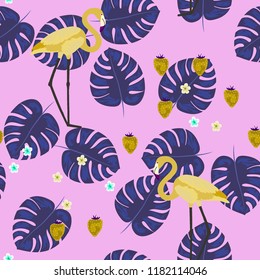 Tropical seamless pattern with flamingos, flower and citrus. Summer background with lemon, lime and flamingos. Birds of the tropics.